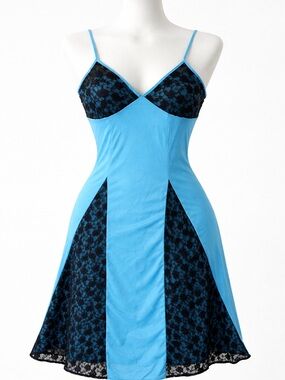 Vintage Blue & Black Lace Nylon Slip Dress Nightgown USA Made